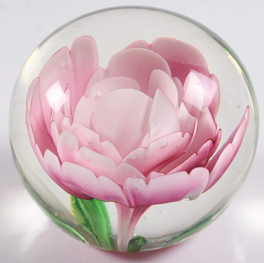 Art Glass Paperweights Pink Flower,4 Green Petals - No Box by Unknown Mfg Collectibles-1