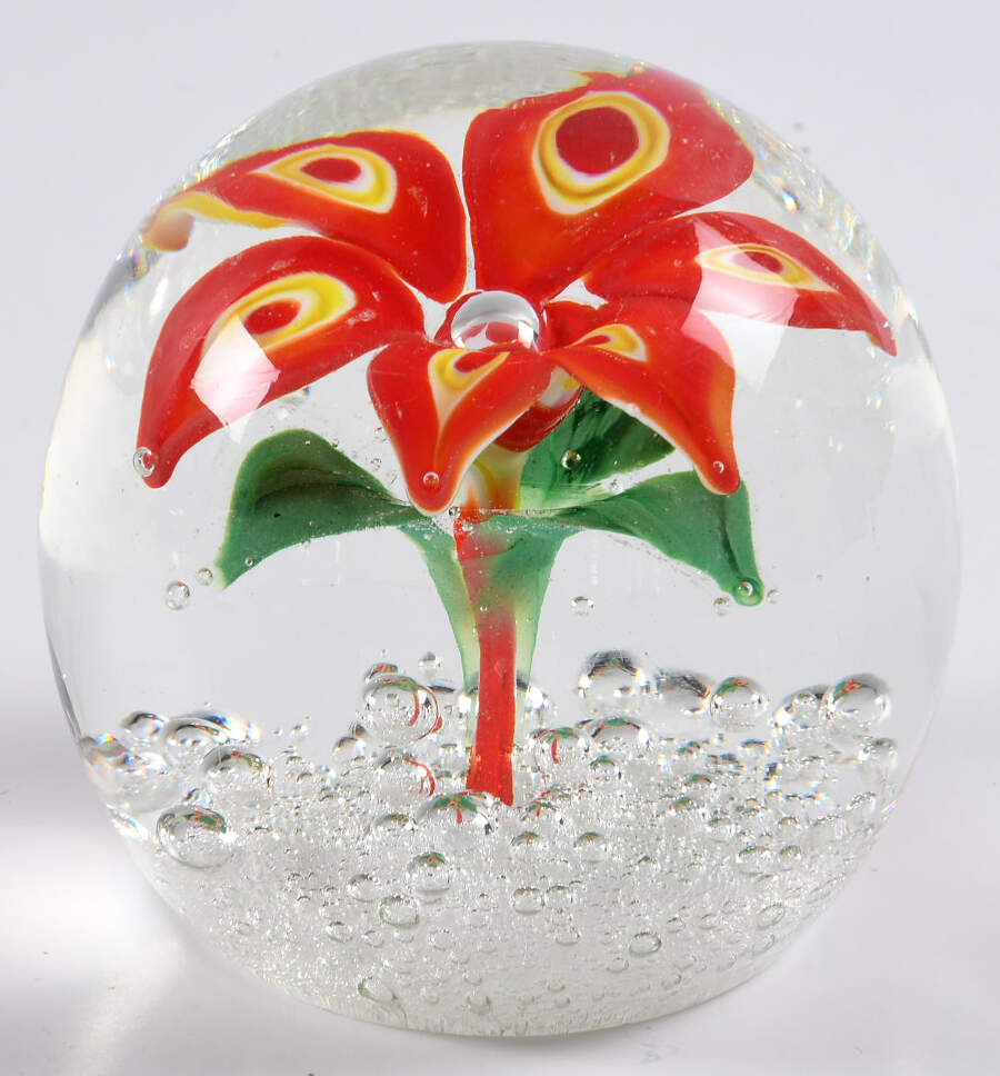 Art Glass Paperweights Yellow And Red Flower, Bubbles - No Box by Unknown Mfg Collectibles-1