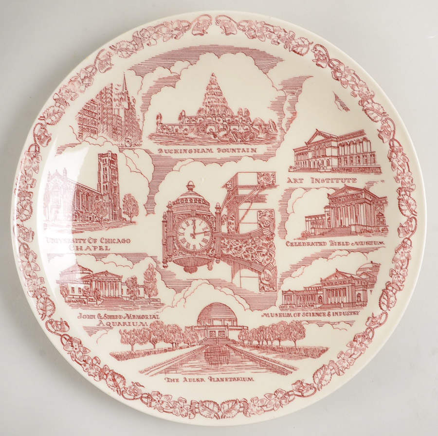 City Plates Chicago Illinois-Red - No Box-Illinois Motif 1-Red by Vernon Kilns-1