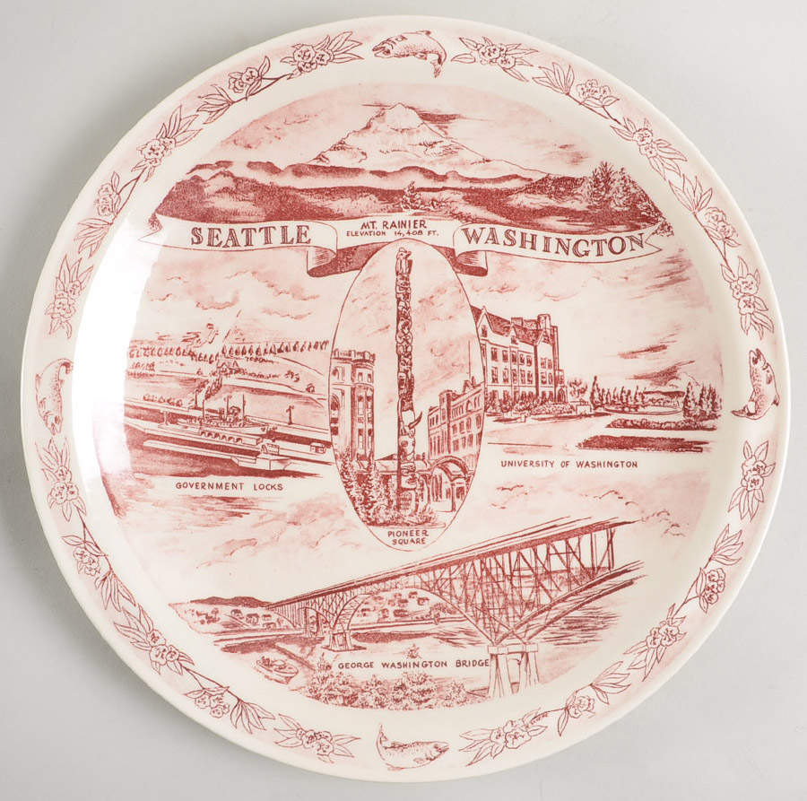 City Plates Seattle Washington-Red - No Box-Washington Motif 6/Red by Vernon Kilns-1