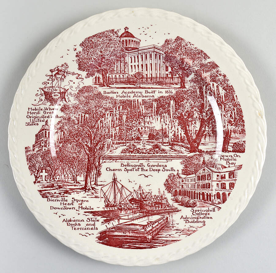 City Plates Mobile Alabama-Red Swirl - No Box-Alabama Motif 5-Red Swirl by Vernon Kilns-1