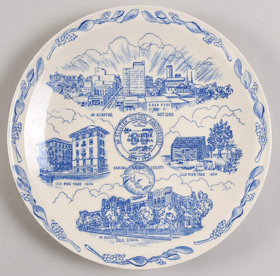 City Plates Mc Alister Oklahoma - No Box-Oklahoma Motif 2-Blue by Vernon Kilns-1