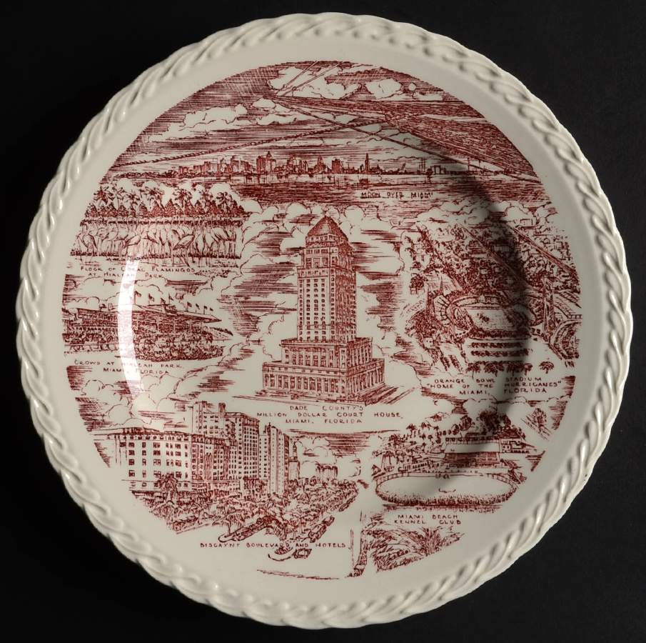 City Plates Miami Florida-Red - No Box-Florida Motif 2-Red by Vernon Kilns-1