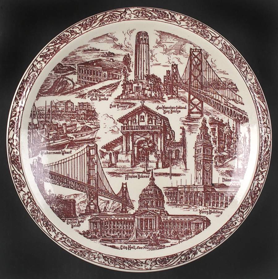 City Plates San Francisco California-Blue - No Box-California Motif11-Red by Vernon Kilns-1