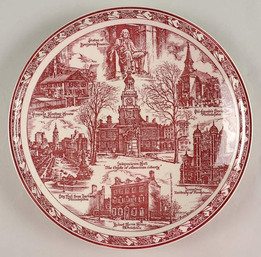 City Plates Philadelphia Pennsylvania-Red - No Box-Pennsylvania Motif1-Red by Vernon Kilns-1