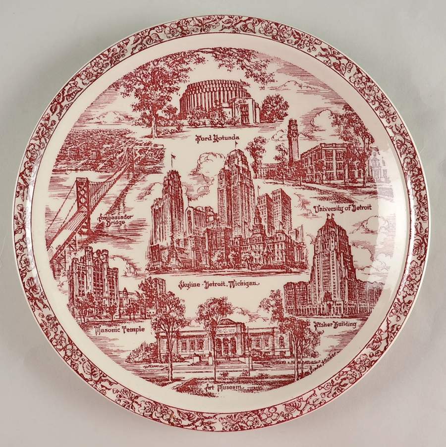 City Plates Detroit Michigan-Red - No Box-Michigan Motif 2-Red by Vernon Kilns-1