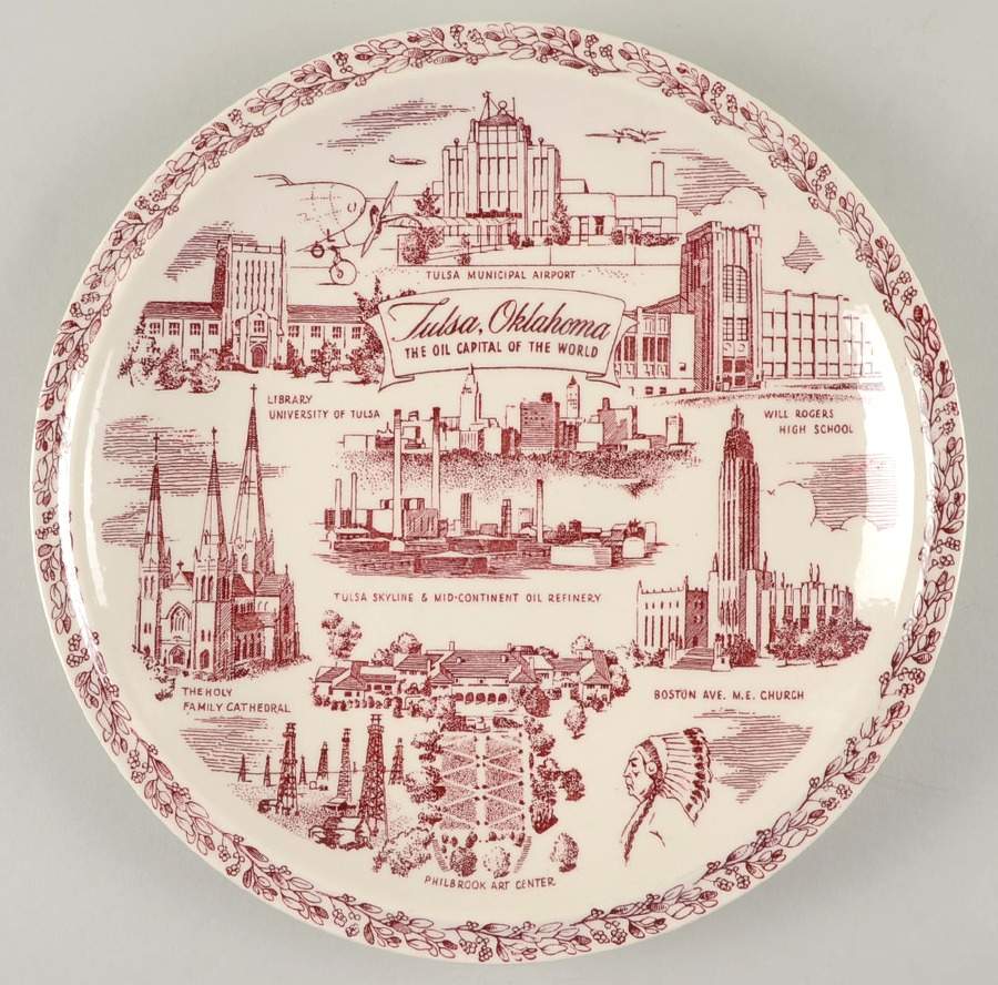 City Plates Tulsa Oklahoma-Red - No Box-Oklahoma Motif 1-Red by Vernon Kilns-1