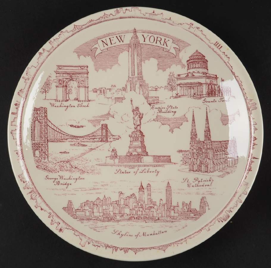 City Plates Manhattan New York-Red - No Box-New York Motif 3-Red by Vernon Kilns-1