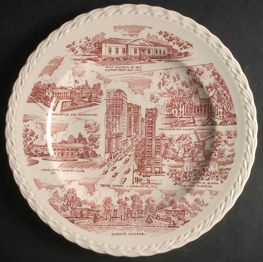 City Plates Charlotte North Carolina - No Box-North Carolina 1-Red Swirl by Vernon Kilns-1
