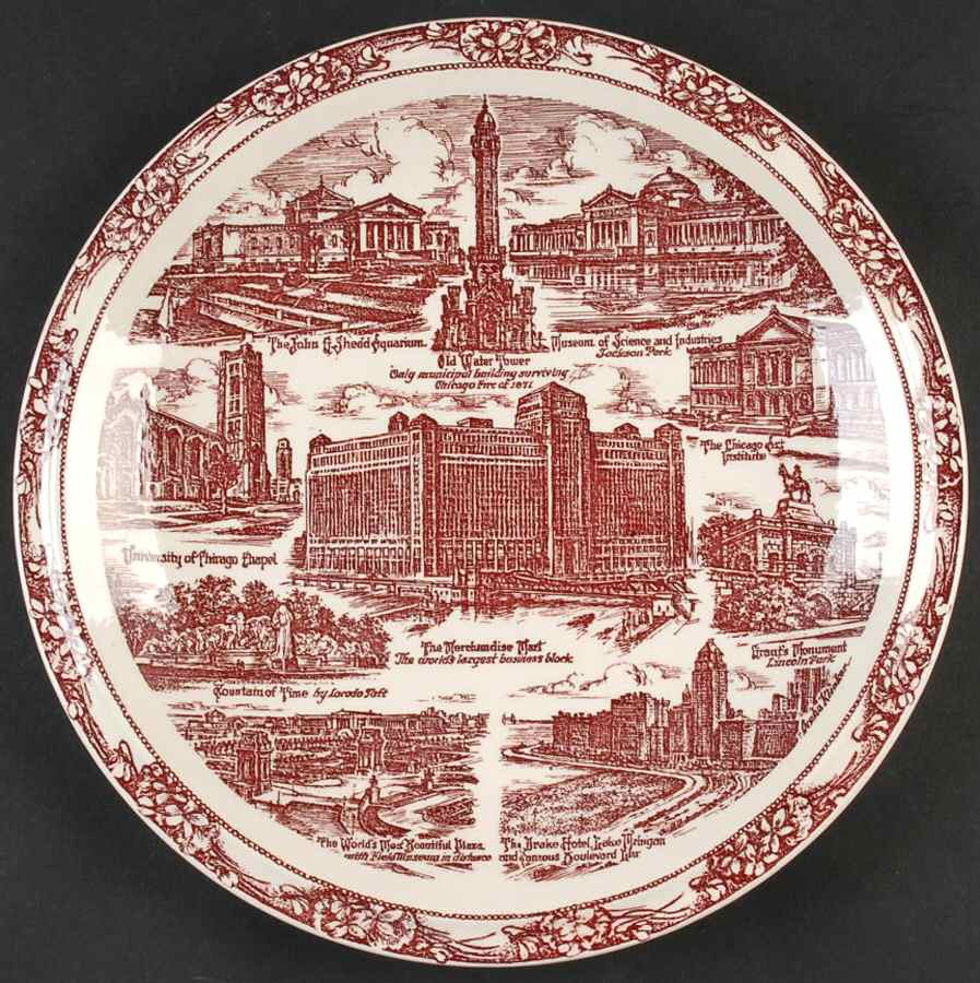 City Plates Chicago Illinois-Red - No Box-Illinois Motif 2-Red by Vernon Kilns-1