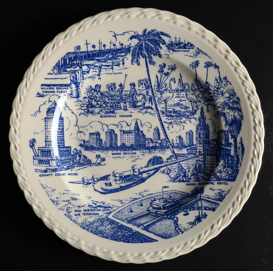 City Plates Miami Florida-Blue - No Box-Florida Motif 9 Blue by Vernon Kilns-1