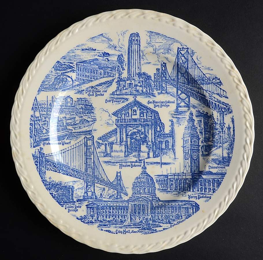 City Plates San Francisco California - No Box-California Motif11 Blue Swirl by Vernon Kilns-1