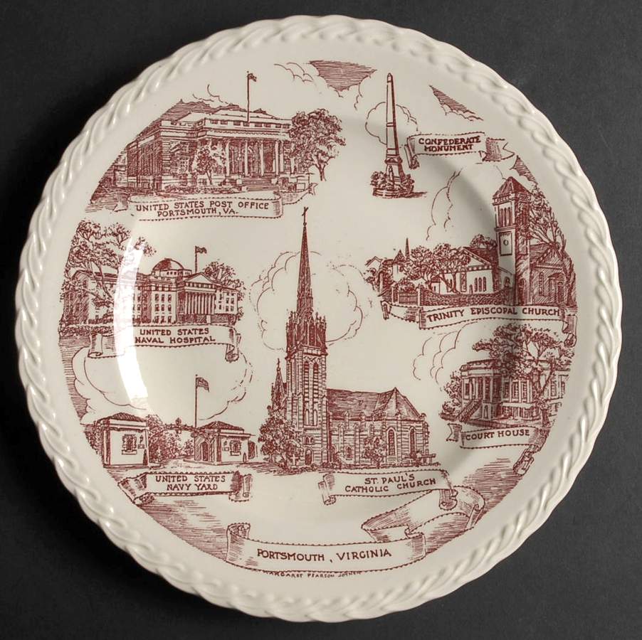 City Plates Portsmouth Virginia - No Box-Virginia Motif 5-Red by Vernon Kilns-1