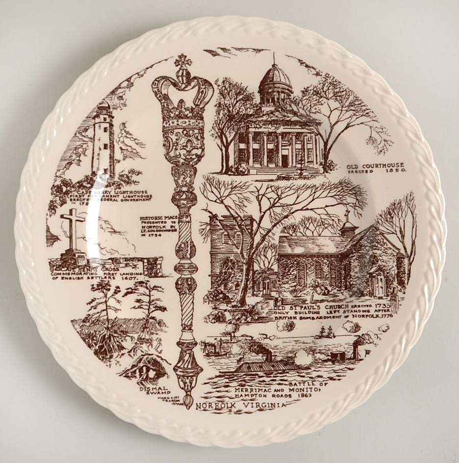 City Plates Norfolk Virginia - No Box-Virginia Motif 4-Brown Swirl by Vernon Kilns-1