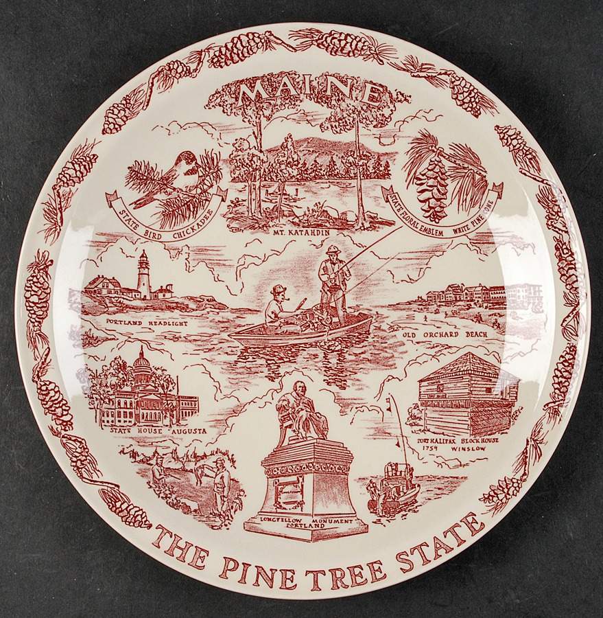 State Plate Maine The Pine Tree State - No Box-Maine Motif 1 - Red by Vernon Kilns-1