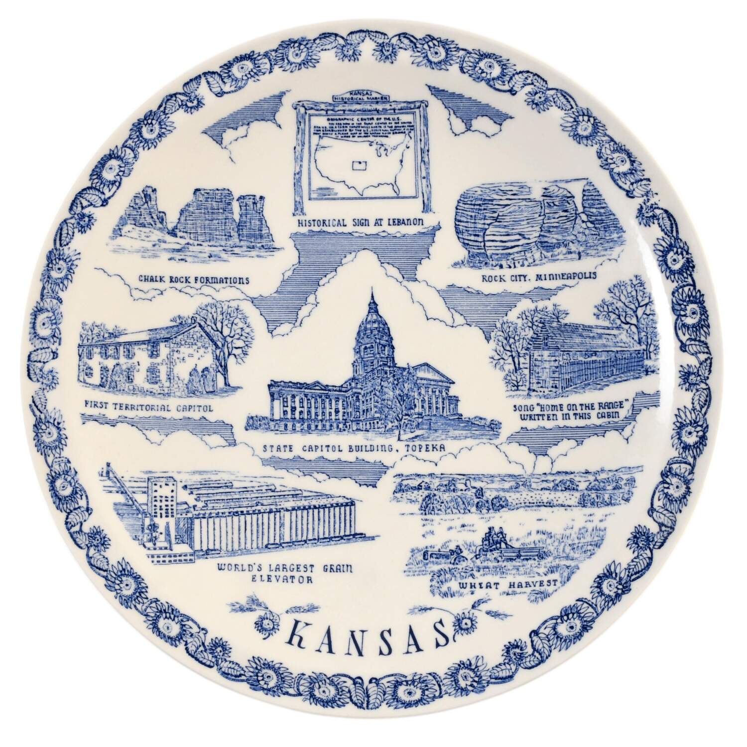 State Plate Kansas - No Box-Kansas Motif 2-Blue by Vernon Kilns-1