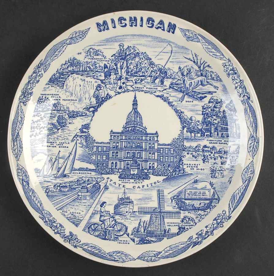 State Plate Michigan-Blue - No Box-Michigan Motif 2 by Vernon Kilns-1