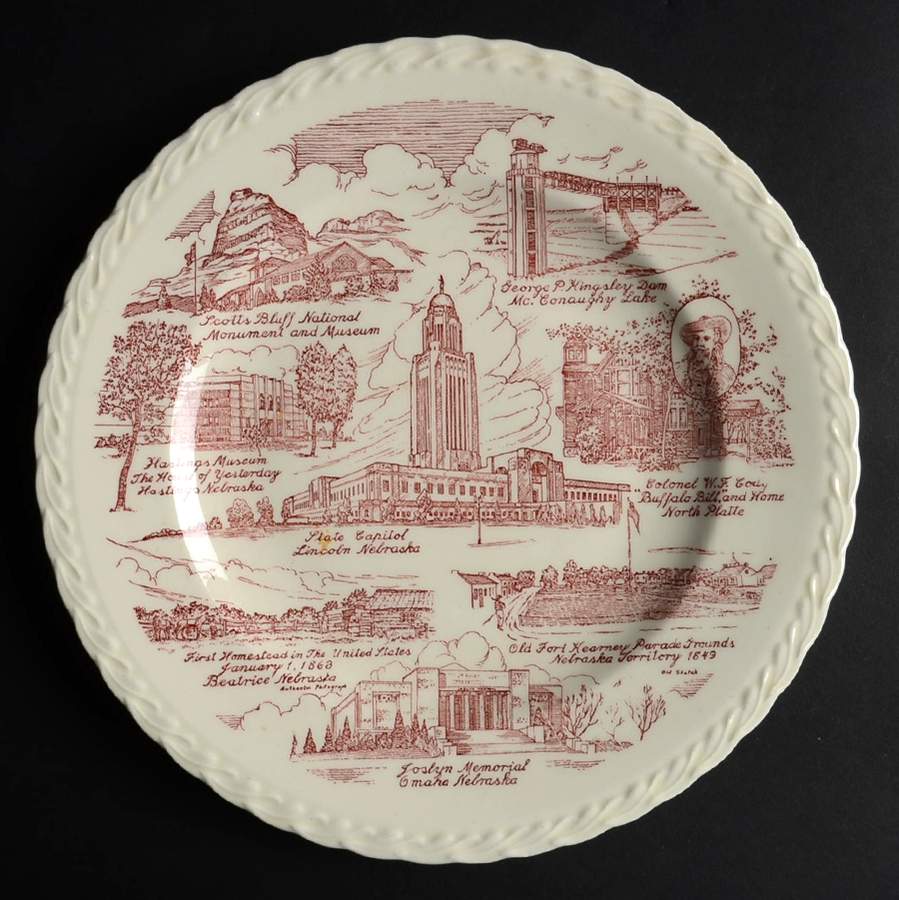 State Plate Nebraska - No Box-Nebraska Motif 1-Red Swirl by Vernon Kilns-1