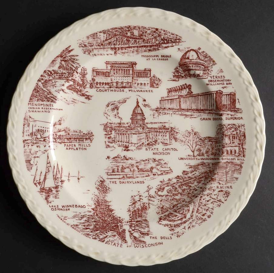 State Plate Wisconsin - No Box-Wisconsin Motif 1-Red Swirl by Vernon Kilns-1
