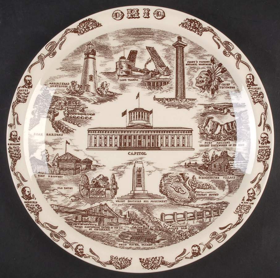 State Plate Ohio-Brown - No Box-Ohio Motif 1 by Vernon Kilns-1
