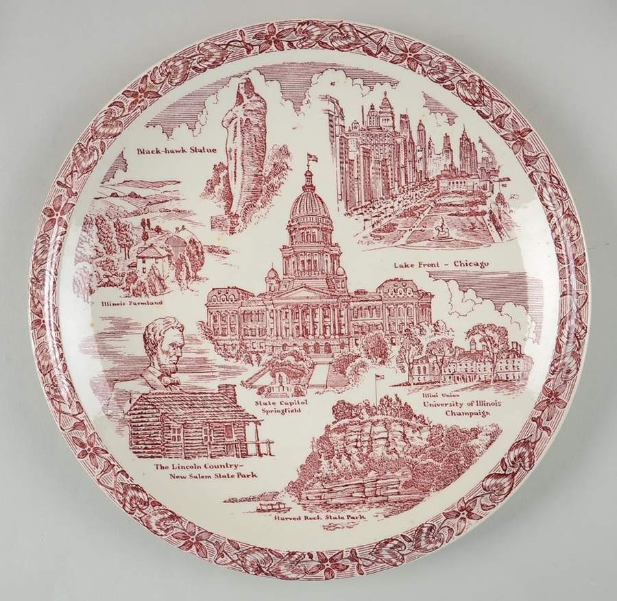 State Plate Illinois - No Box-Illinois Motif 1-Red by Vernon Kilns-1