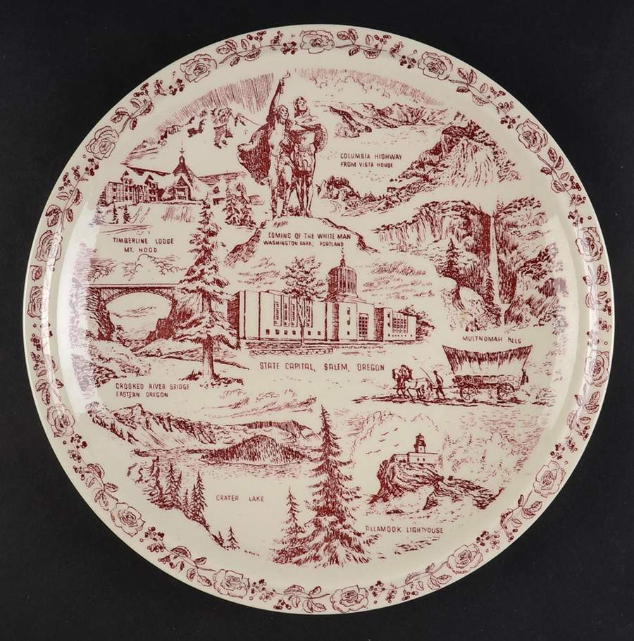 State Plate Oregon-Red - No Box-Oregon Motif 1-Red by Vernon Kilns-1