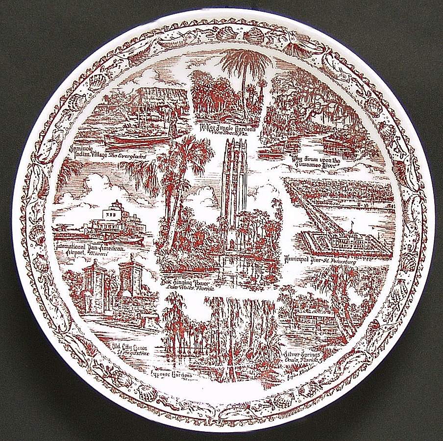 State Plate Florida - No Box-Florida Motif 1-Red by Vernon Kilns-1