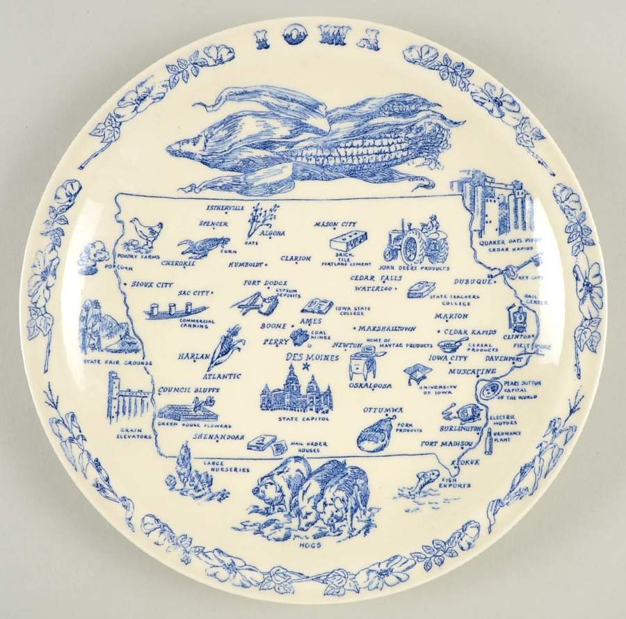 State Map Plate Iowa-Blue - No Box-Iowa Motif 1-Blue by Vernon Kilns-1