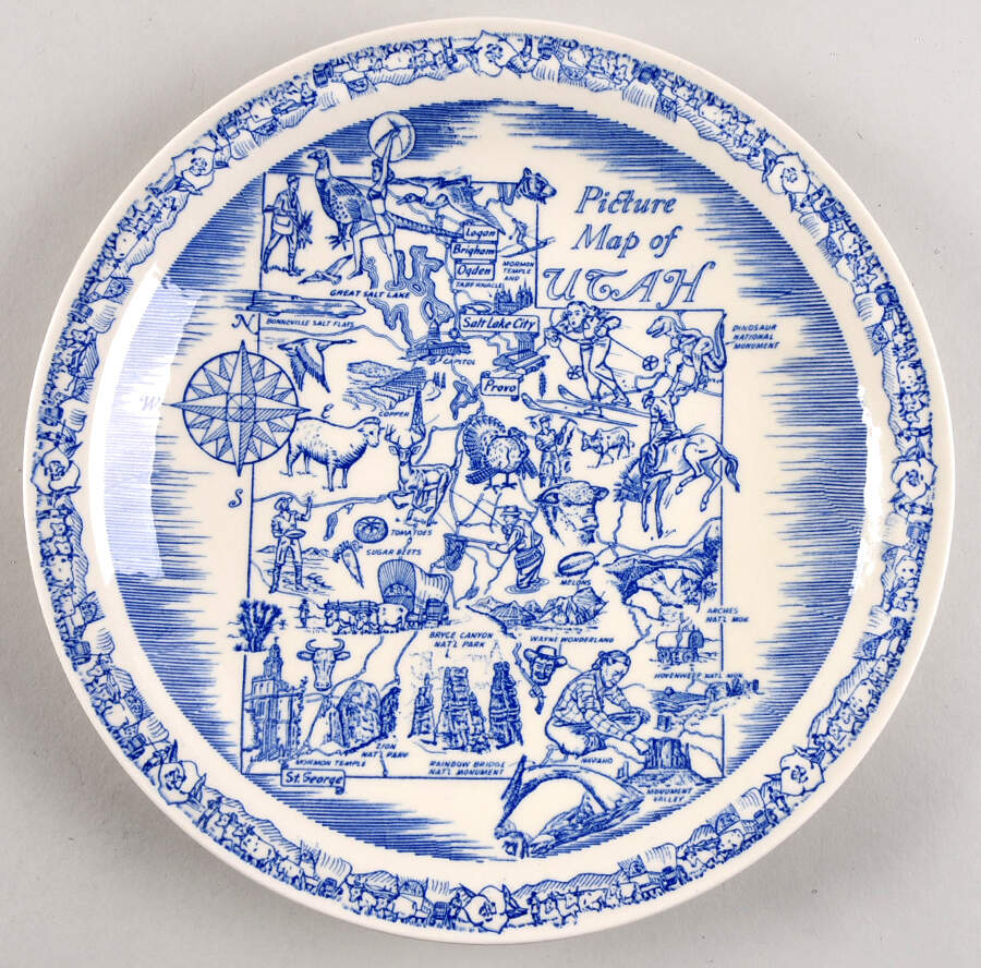 State Map Plate Utah-Blue - No Box-Utah Motif 1-Blue by Vernon Kilns-1