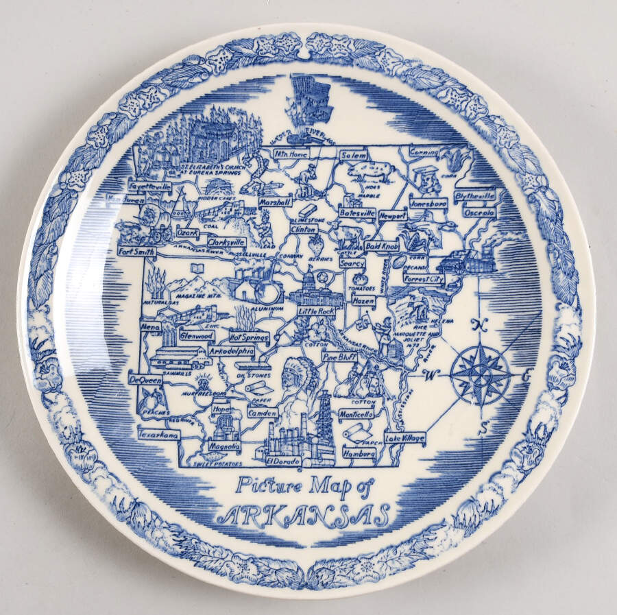 State Map Plate Arkansas  - No Box-Arkansas Motif 1-Blue by Vernon Kilns-1