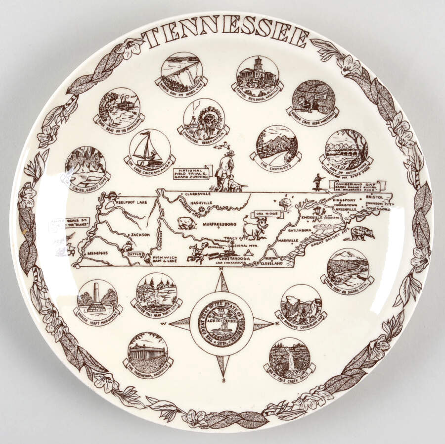 State Map Plate Tennessee - No Box-Tennessee Motif 1-Brown by Vernon Kilns-1