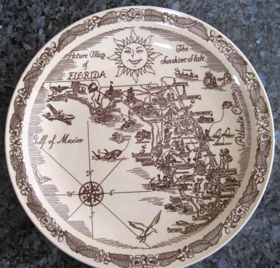 State Map Plate Florida - No Box-Florida Motif 1-Brown by Vernon Kilns-1