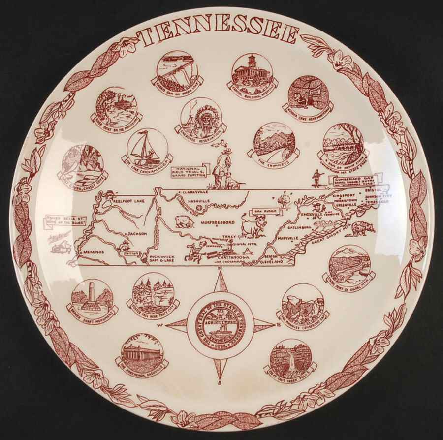 State Map Plate Tennessee - No Box-Tennessee Motif 1-Red by Vernon Kilns-1