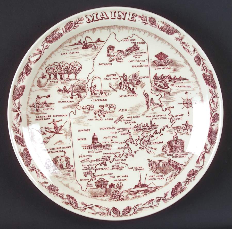 State Map Plate Maine-Red - No Box-Maine Motif 1 by Vernon Kilns-1