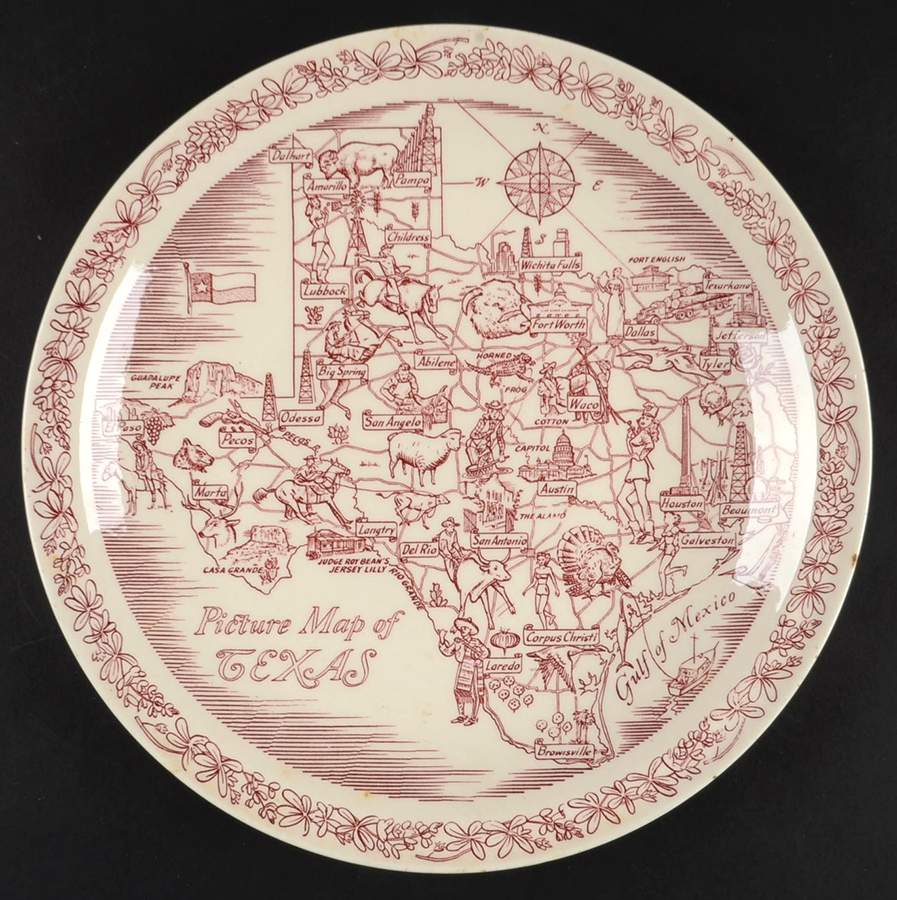 State Map Plate Texas-Red - No Box-Texas Motif 1 by Vernon Kilns-1