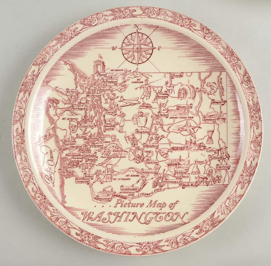 State Map Plate Washington - No Box-Washington Motif 1-Red by Vernon Kilns-1