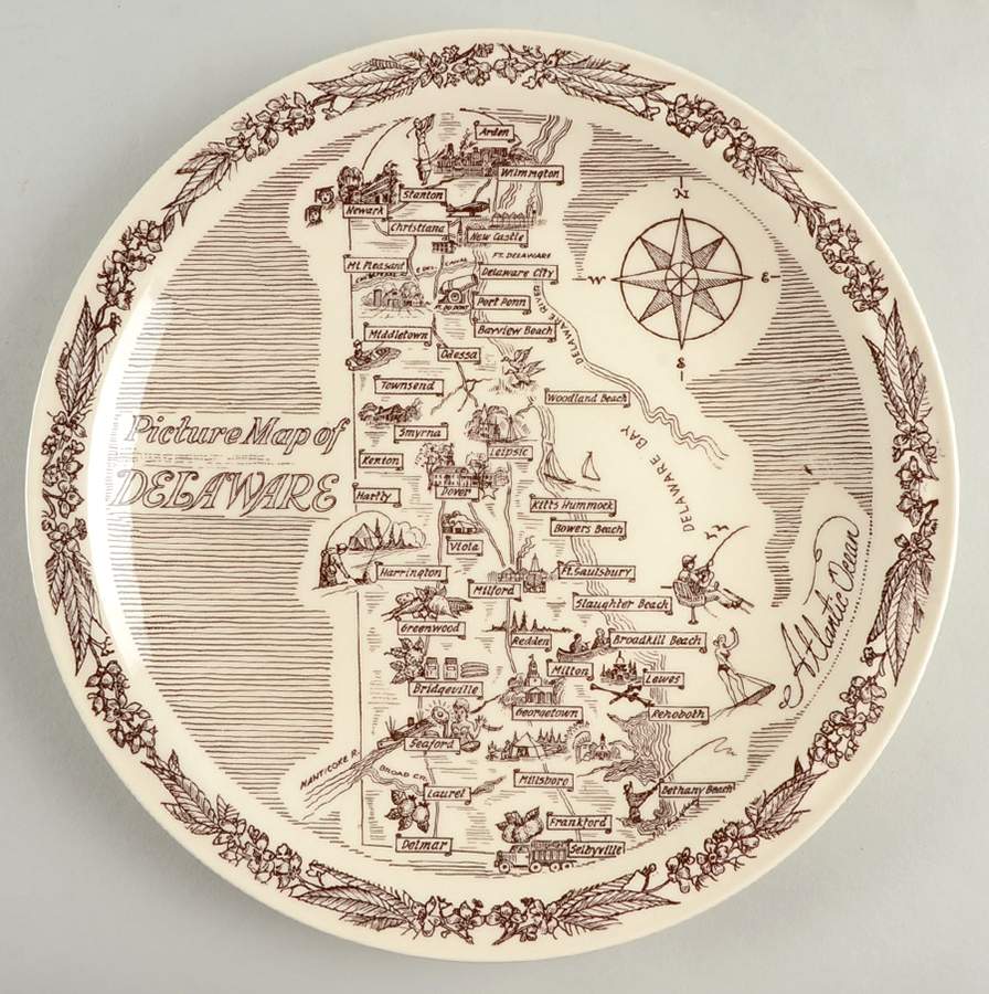 State Map Plate Delaware - No Box-Delaware Motif 1 Brown by Vernon Kilns-1