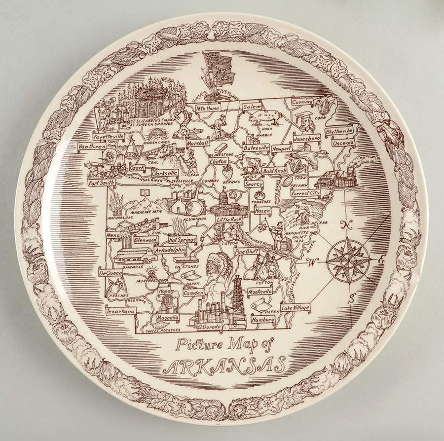 State Map Plate Arkansas - No Box-Arkansas Motif 1-Brown by Vernon Kilns-1