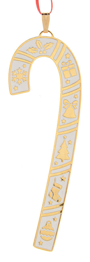 Candy Cane-Ornament 2025 White W/Gold Icons - No Box by Wallace Silver-1