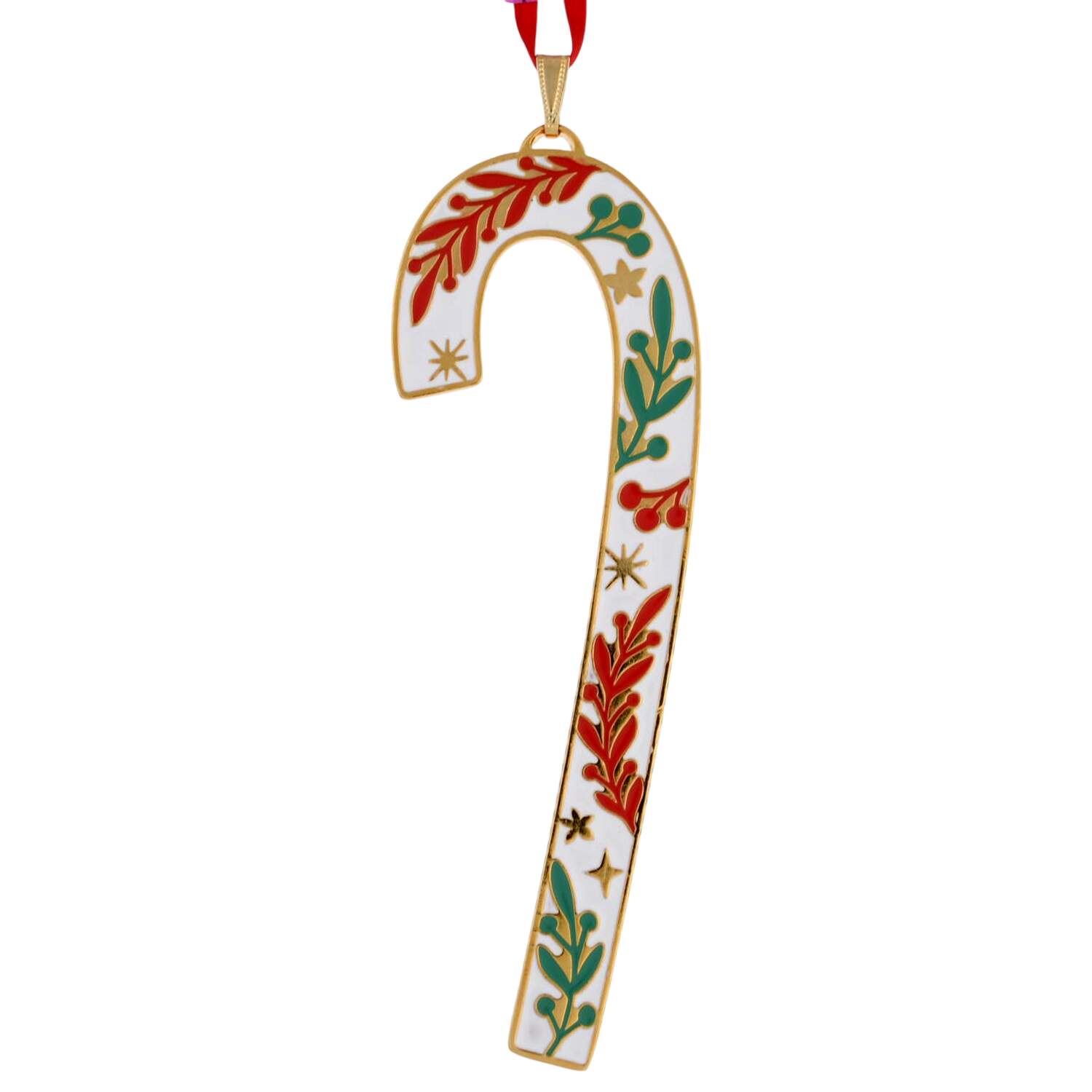 Candy Cane-Ornament 2026 White W/Red &Green Leaves - No Box by Wallace Silver-1