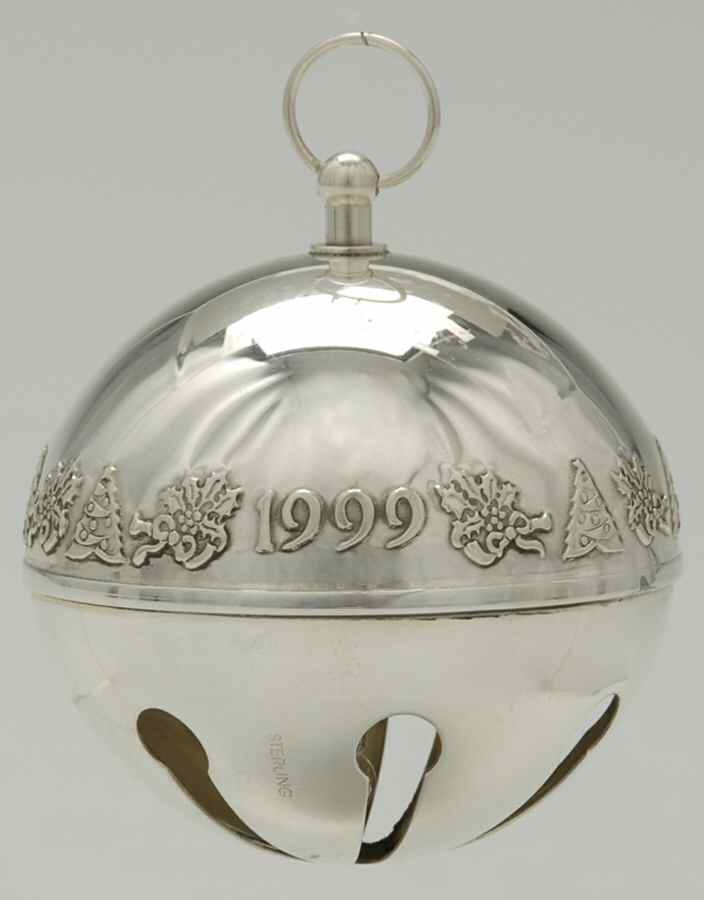Sleigh Bell-Sterling Ornament 1999 Holly & Trees Bell - Boxed by Wallace Silver-1