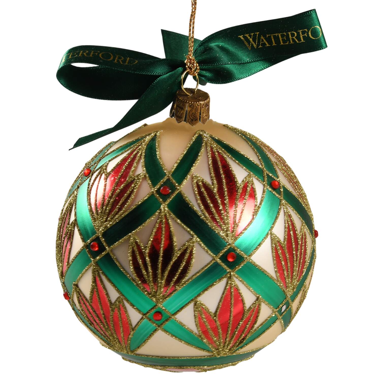 Red, Green on Champagne, White, Gold Festive Crystal Cut Ball - Boxed by Waterford Crystal-1
