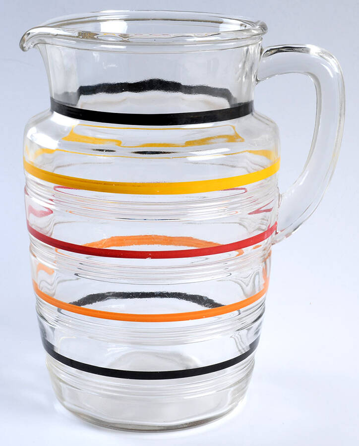 Banded Rings Clear and Multi Colored Bands 70 Oz Pticher by Anchor Hocking-1