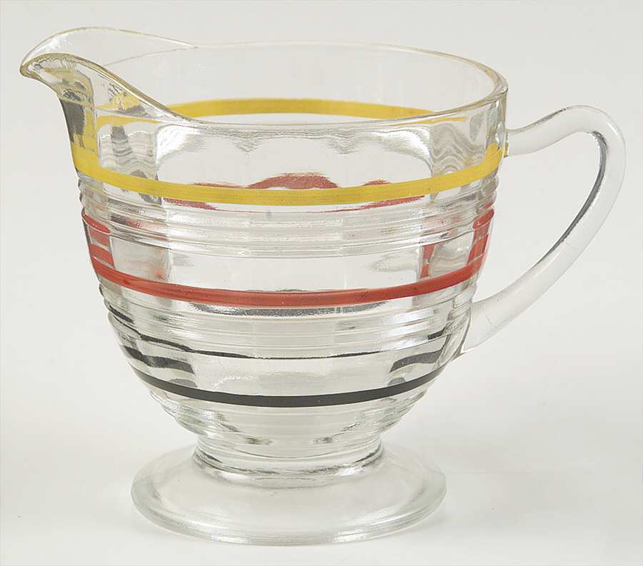 Banded Rings Clear and Multi Colored Bands Footed Creamer by Anchor Hocking-1