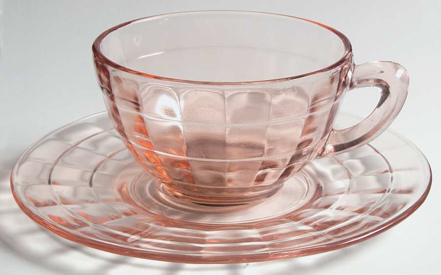 Block Optic Pink Cup and Saucer Set by Anchor Hocking-1