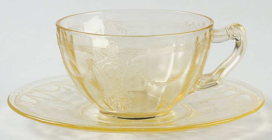 Cameo Yellow Scroll Handle Cup and Saucer/Bread and Butter by Anchor Hocking-1