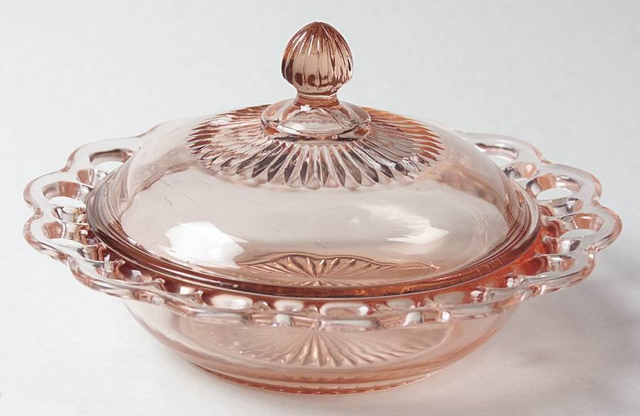 Lace Edge Pink Round Covered Butter Dish w/Salad Bowl Base by Anchor Hocking-1