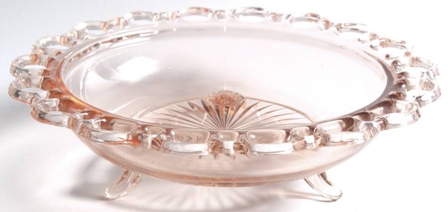 Lace Edge Pink 10" 3-Toed Footed Bowl by Anchor Hocking-1