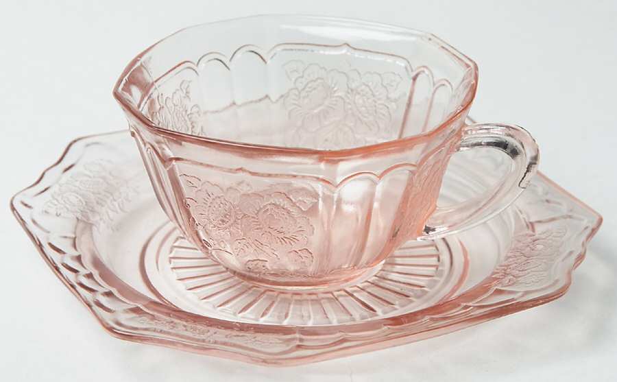 Mayfair Pink Cup and Bread and Butter/Saucer Square by Anchor Hocking-1