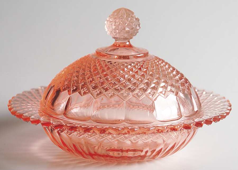Miss America Pink Round Covered Butter Dish with Cereal Base by Anchor Hocking-1